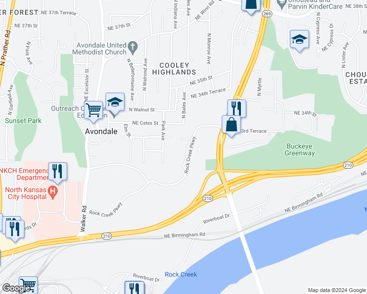 map of restaurants, bars, coffee shops, grocery stores, and more near 3200 Rock Creek Parkway in Kansas City