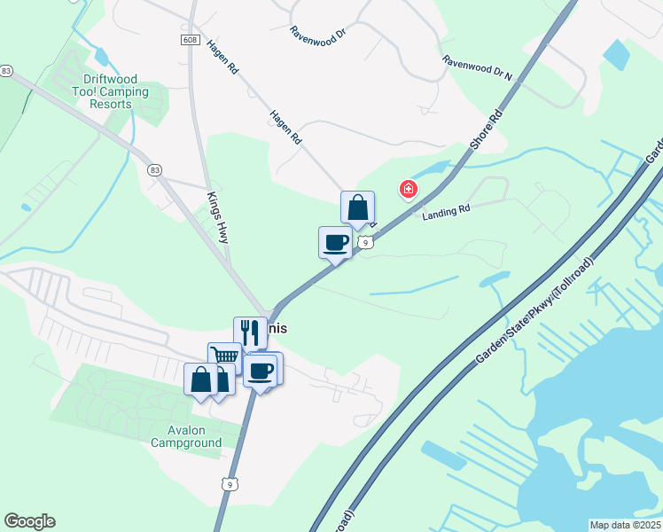 map of restaurants, bars, coffee shops, grocery stores, and more near 2031 Shore Road in Dennis