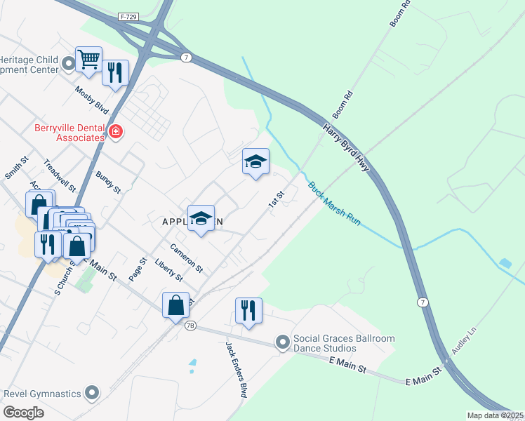 map of restaurants, bars, coffee shops, grocery stores, and more near 319 1st Street in Berryville