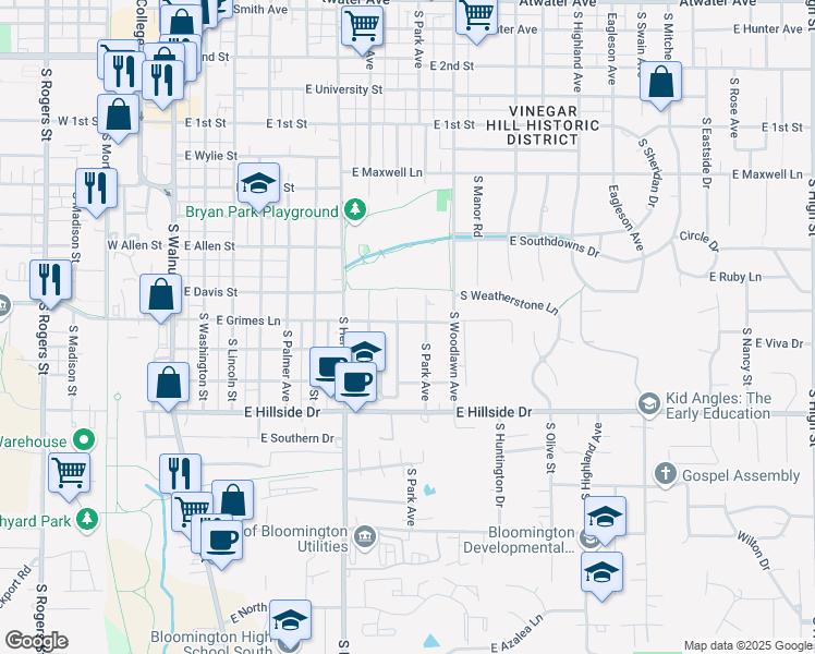 map of restaurants, bars, coffee shops, grocery stores, and more near 802 East Grimes Lane in Bloomington