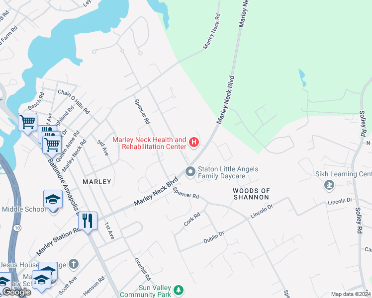 map of restaurants, bars, coffee shops, grocery stores, and more near 505 Marley Pointe Court in Glen Burnie