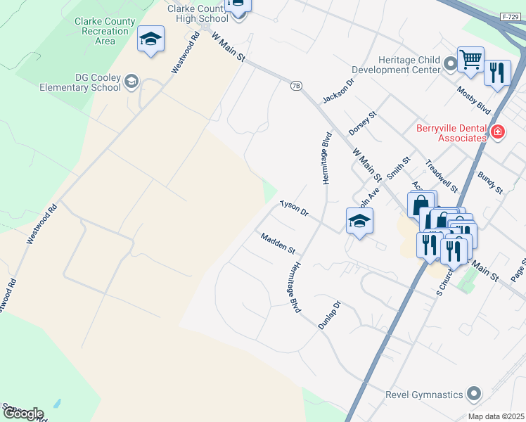 map of restaurants, bars, coffee shops, grocery stores, and more near 122 Virginia Avenue in Berryville