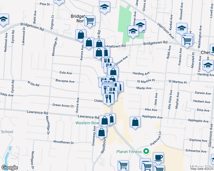 map of restaurants, bars, coffee shops, grocery stores, and more near 5380 Karen Avenue in Cincinnati