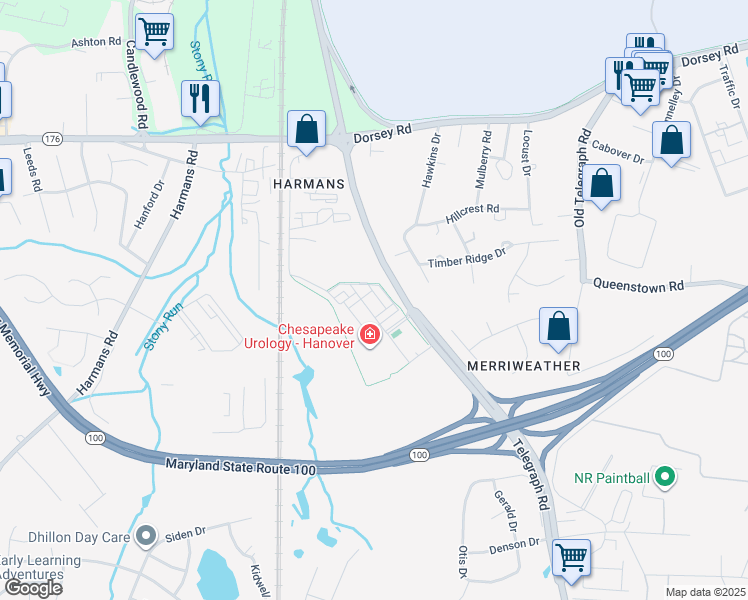 map of restaurants, bars, coffee shops, grocery stores, and more near 7534 Honey Locust Lane in Severn