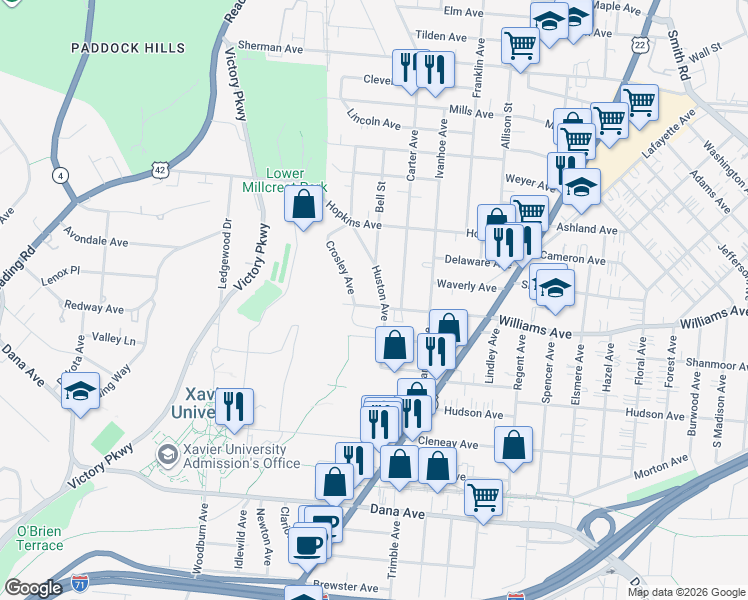 map of restaurants, bars, coffee shops, grocery stores, and more near 1802 Williams Avenue in Cincinnati
