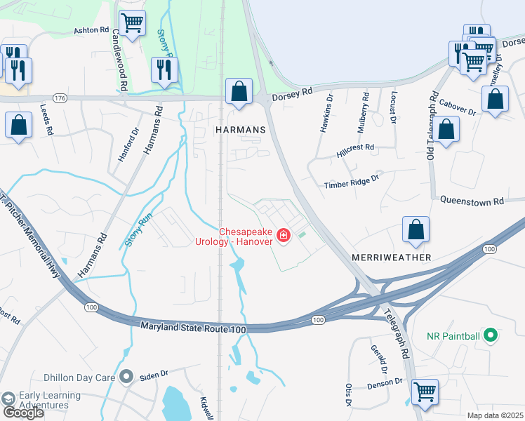 map of restaurants, bars, coffee shops, grocery stores, and more near 7503 Dogwood Lane in Hanover