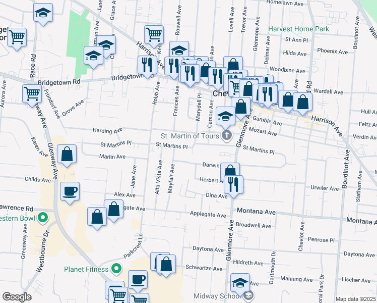 map of restaurants, bars, coffee shops, grocery stores, and more near 4005 Saint Martins Place in Cincinnati