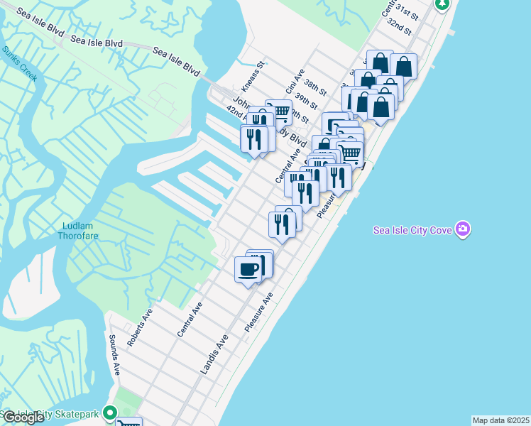 map of restaurants, bars, coffee shops, grocery stores, and more near 143 46th Street in Sea Isle City