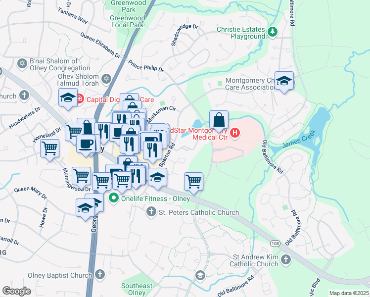 map of restaurants, bars, coffee shops, grocery stores, and more near 18200 Windsor Hill Drive in Olney