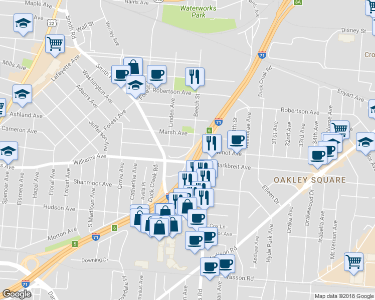 map of restaurants, bars, coffee shops, grocery stores, and more near 2635 Melrose Avenue in Cincinnati