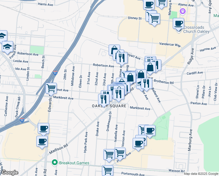 map of restaurants, bars, coffee shops, grocery stores, and more near 4115 34th Avenue in Cincinnati