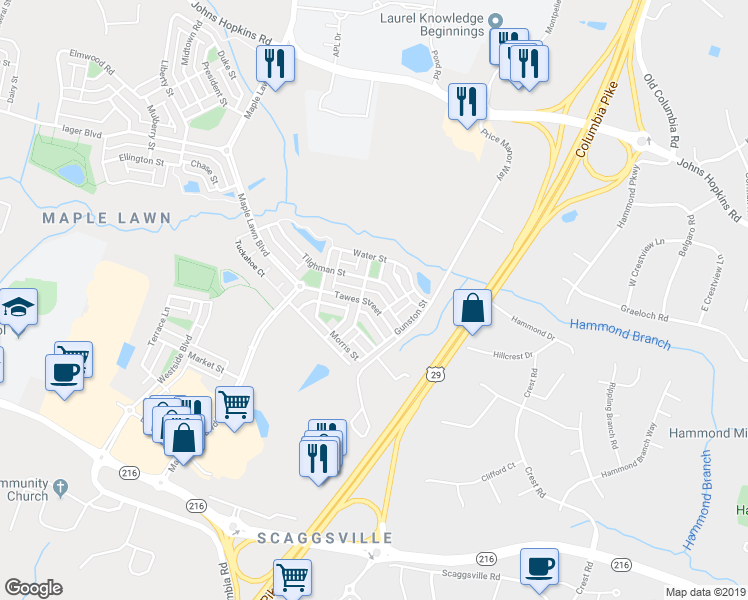 map of restaurants, bars, coffee shops, grocery stores, and more near 8963 Tawes Street in Fulton