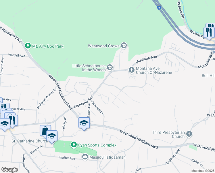 map of restaurants, bars, coffee shops, grocery stores, and more near 3445 Anaconda Drive in Cincinnati
