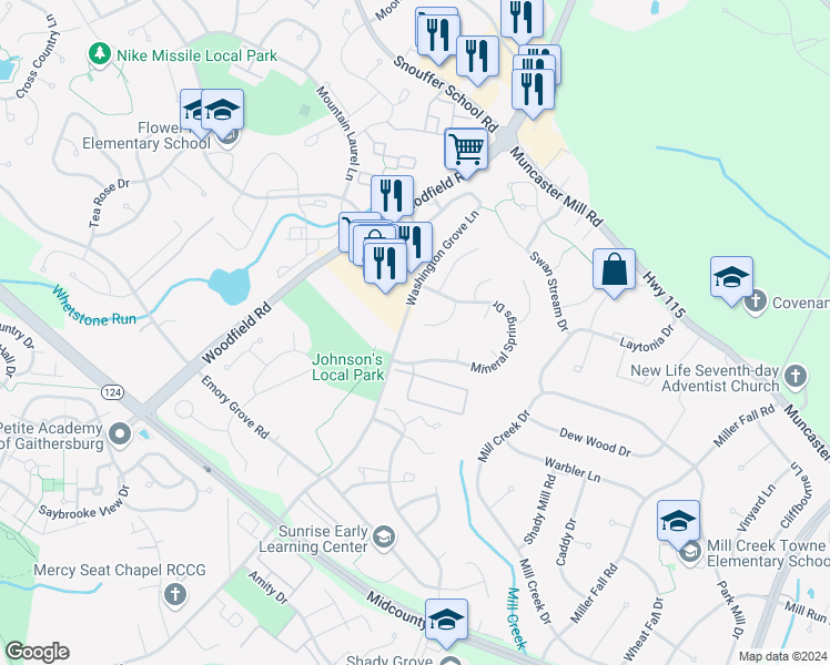 map of restaurants, bars, coffee shops, grocery stores, and more near 7701 Prince Hall Court in Gaithersburg