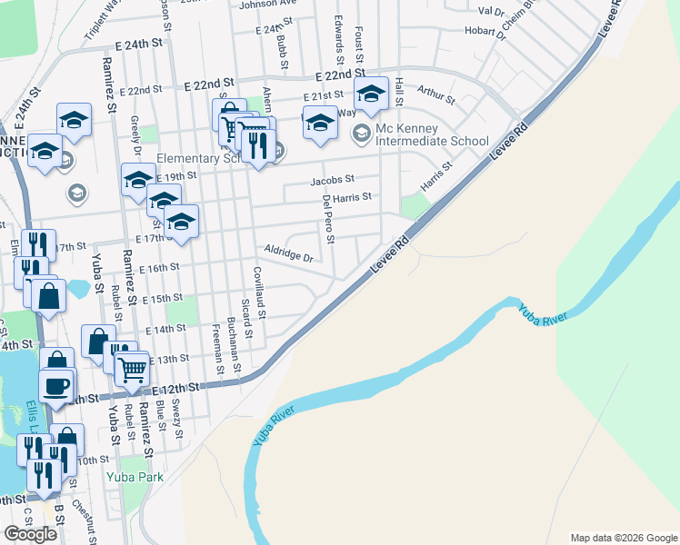 map of restaurants, bars, coffee shops, grocery stores, and more near 757 East 16th Street in Marysville