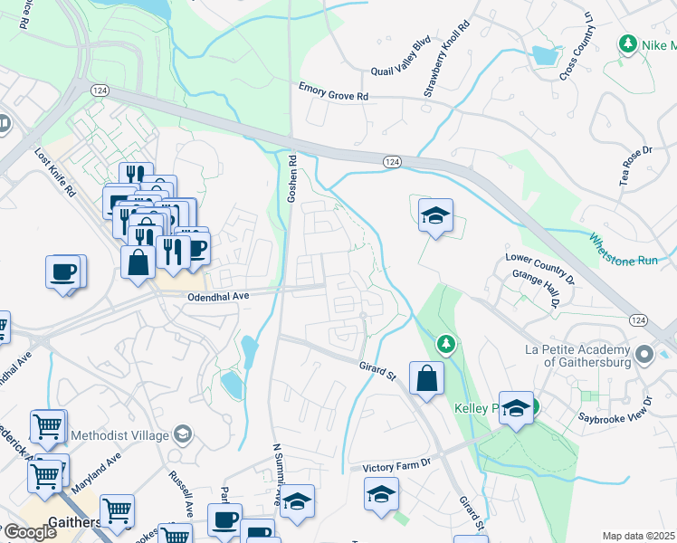 map of restaurants, bars, coffee shops, grocery stores, and more near 627 Whetstone Glen Street in Gaithersburg