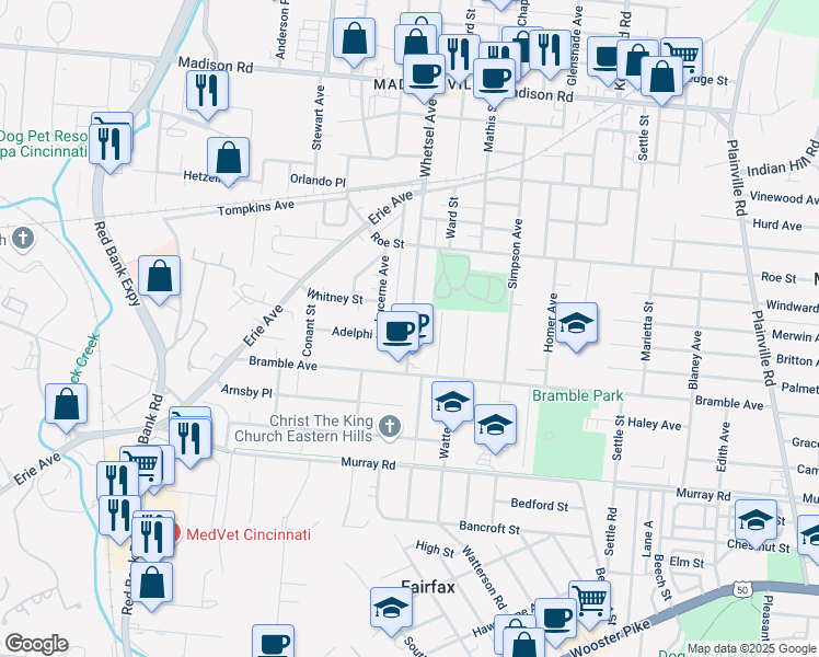 map of restaurants, bars, coffee shops, grocery stores, and more near 4403 Whetsel Avenue in Cincinnati
