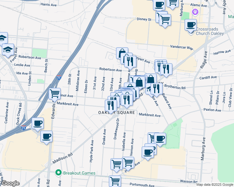 map of restaurants, bars, coffee shops, grocery stores, and more near 4115 34th Avenue in Cincinnati