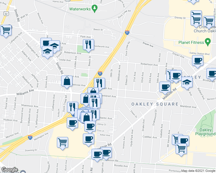 map of restaurants, bars, coffee shops, grocery stores, and more near 2724 Minot Avenue in Cincinnati