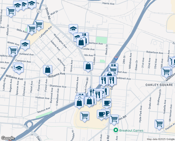 map of restaurants, bars, coffee shops, grocery stores, and more near 4115 Smith Road in Cincinnati