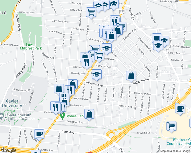 map of restaurants, bars, coffee shops, grocery stores, and more near 2119 Slane Avenue in Cincinnati