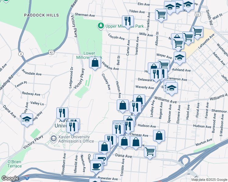 map of restaurants, bars, coffee shops, grocery stores, and more near 4003 Crosley Avenue in Cincinnati