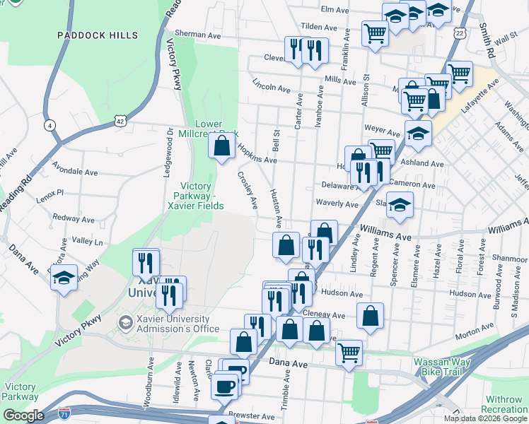 map of restaurants, bars, coffee shops, grocery stores, and more near 4003 Crosley Avenue in Cincinnati