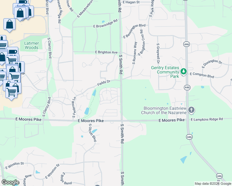 map of restaurants, bars, coffee shops, grocery stores, and more near 1305 South Stella Drive in Bloomington