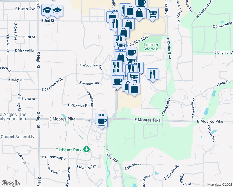 map of restaurants, bars, coffee shops, grocery stores, and more near 1255 South College Mall Road in Bloomington