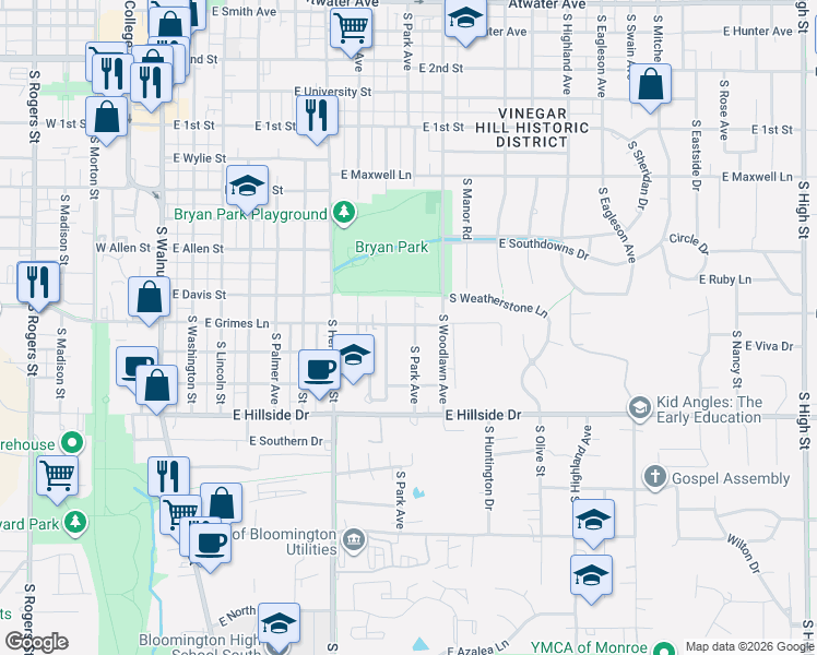 map of restaurants, bars, coffee shops, grocery stores, and more near 802 East Grimes Lane in Bloomington