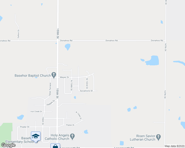 map of restaurants, bars, coffee shops, grocery stores, and more near Meyer Dr & N 152nd Terrace in Leavenworth