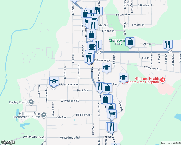 map of restaurants, bars, coffee shops, grocery stores, and more near 904 South Main Street in Hillsboro