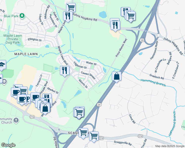 map of restaurants, bars, coffee shops, grocery stores, and more near 8963 Tawes Street in Fulton