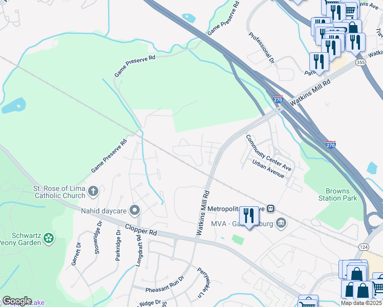map of restaurants, bars, coffee shops, grocery stores, and more near 258 Caulfield Lane in Gaithersburg