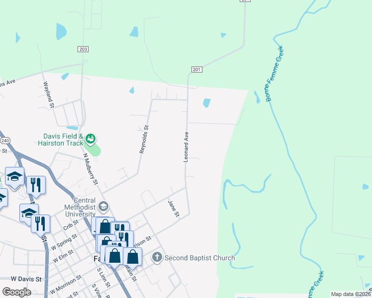 map of restaurants, bars, coffee shops, grocery stores, and more near Leonard Avenue in Fayette