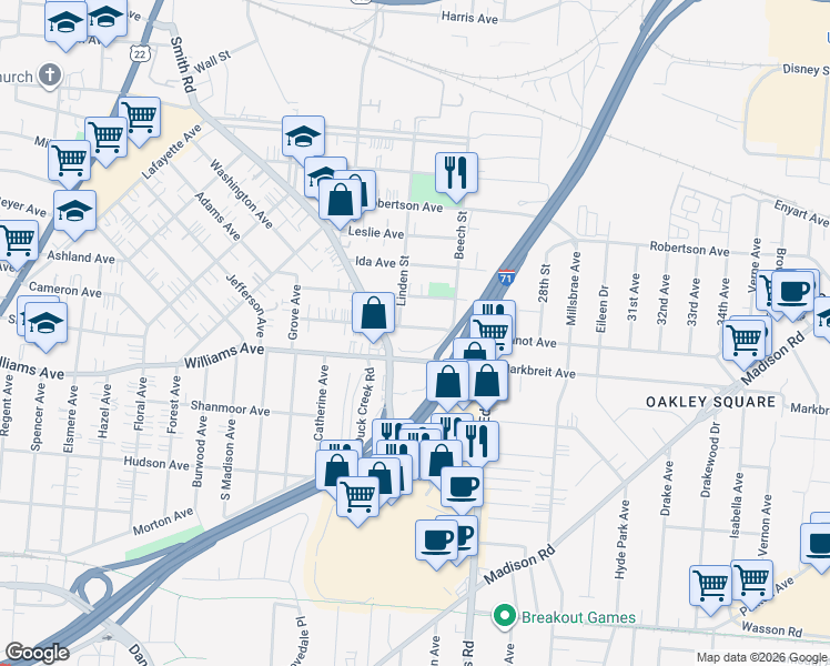 map of restaurants, bars, coffee shops, grocery stores, and more near 2612 Duck Creek Road in Cincinnati