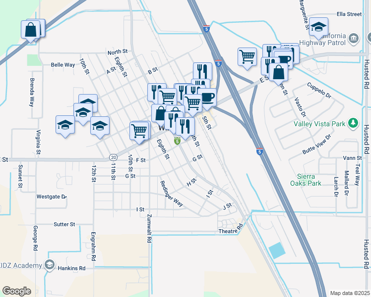 map of restaurants, bars, coffee shops, grocery stores, and more near 609 7th Street in Williams