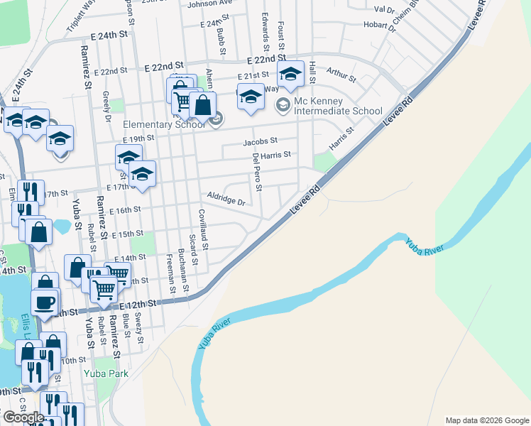 map of restaurants, bars, coffee shops, grocery stores, and more near 757 East 16th Street in Marysville