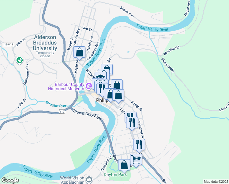 map of restaurants, bars, coffee shops, grocery stores, and more near 14 North Walnut Street in Philippi
