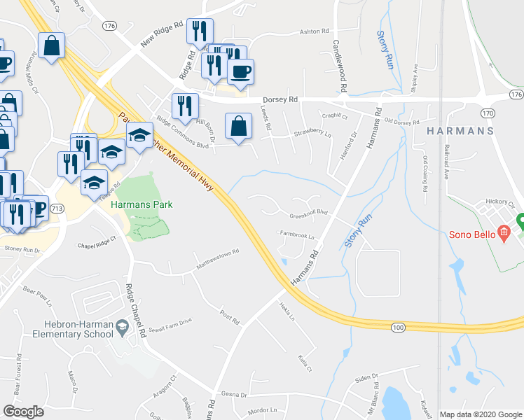 map of restaurants, bars, coffee shops, grocery stores, and more near 7560 Greenknoll Court in Hanover