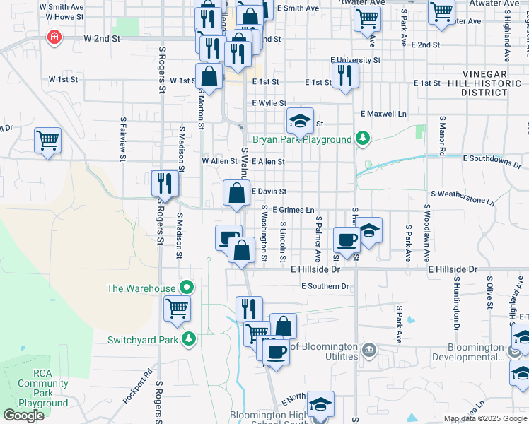map of restaurants, bars, coffee shops, grocery stores, and more near 1215 S Washington St in Bloomington