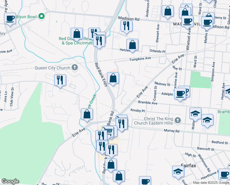 map of restaurants, bars, coffee shops, grocery stores, and more near 4325 Red Bank Road in Cincinnati