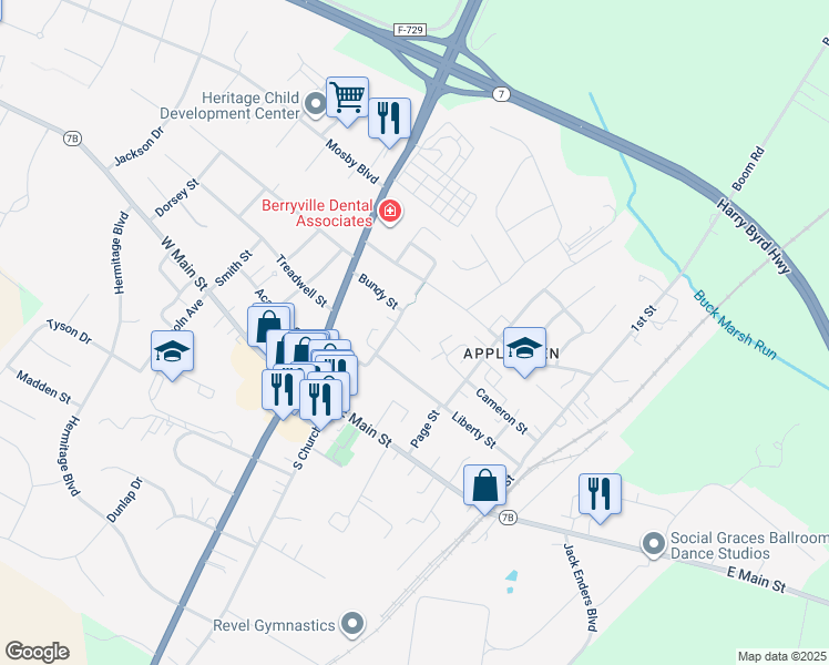 map of restaurants, bars, coffee shops, grocery stores, and more near 8 Osborne Street in Berryville