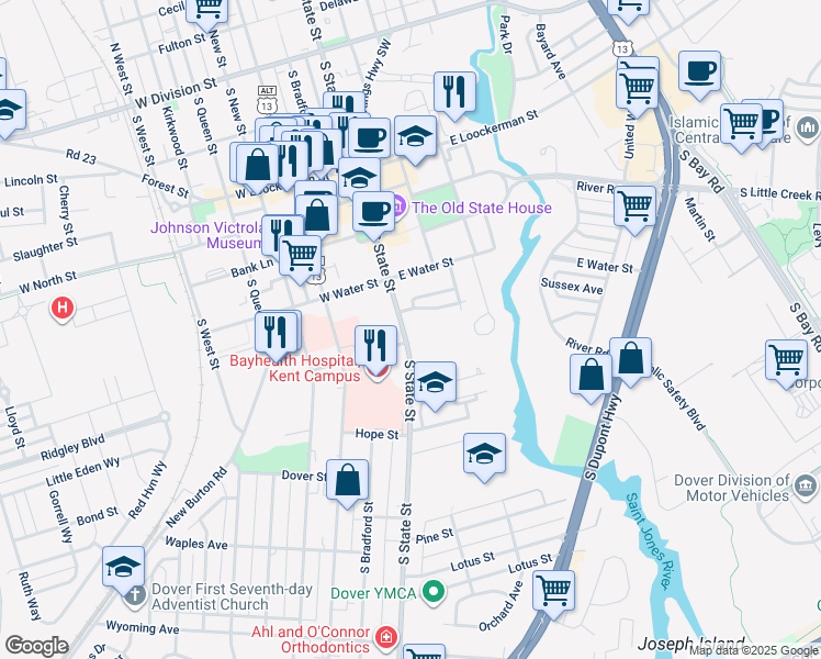 map of restaurants, bars, coffee shops, grocery stores, and more near 545 S State St in Dover