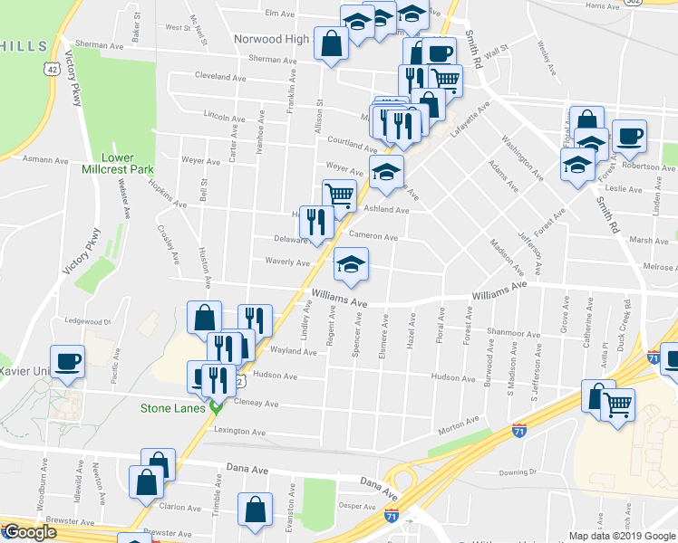 map of restaurants, bars, coffee shops, grocery stores, and more near 2119 Slane Avenue in Cincinnati