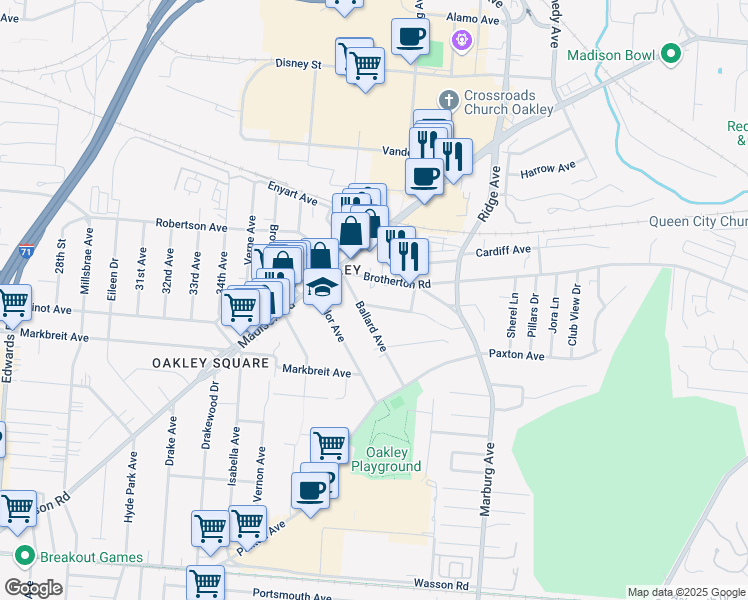 map of restaurants, bars, coffee shops, grocery stores, and more near 3212 Bach Avenue in Cincinnati