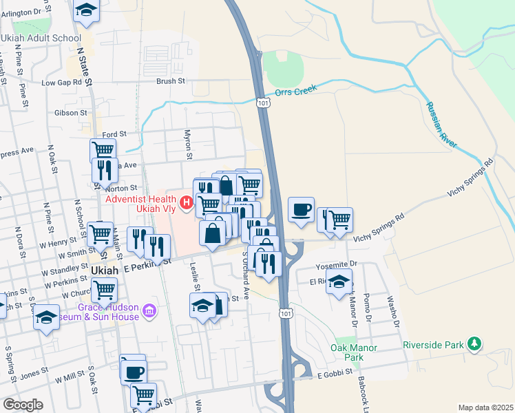 map of restaurants, bars, coffee shops, grocery stores, and more near 205 North Orchard Avenue in Ukiah