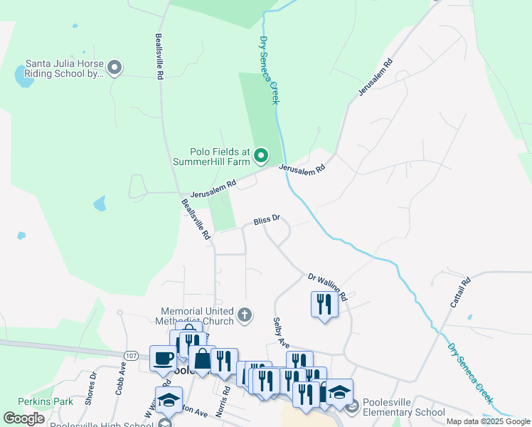map of restaurants, bars, coffee shops, grocery stores, and more near 18002 Bliss Drive in Poolesville