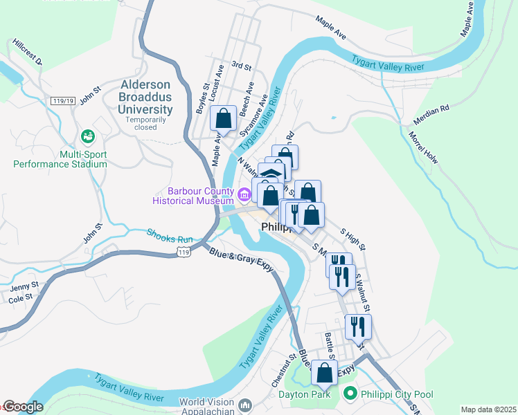 map of restaurants, bars, coffee shops, grocery stores, and more near 146 North Main Street in Philippi