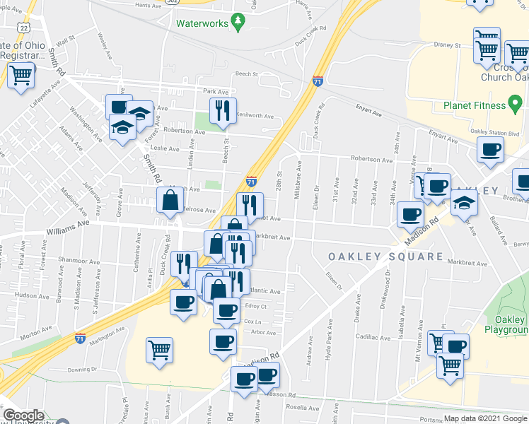 map of restaurants, bars, coffee shops, grocery stores, and more near 2724 Minot Avenue in Cincinnati